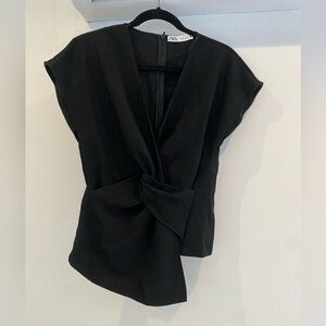 Black Zara Crepe-Like Blouse Top with Wrap Detail Size Small